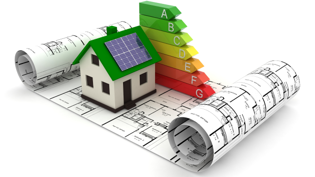 Collage einer Zeichnung mit einem Haus und Energiebezeichnungen 